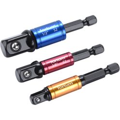   dugókulcs adapter készlet 3db-os; 1/4" - 3/8" - 1/2" dugófejekhez, fúrógépbe befogás: 1/4" hatszög, S2 acél