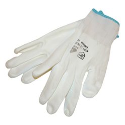   Kötött kesztyű fehér nylon,  XL-es méret, 10' poliuretánba mártott teny. és ujjhegy., gumírozott mandzsetta