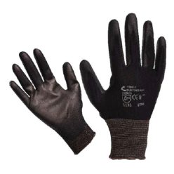   Kötött kesztyű fekete nylon, L-es méret 9',  poliuretánba mártott teny. és ujjhegy., gumírozott mandzset