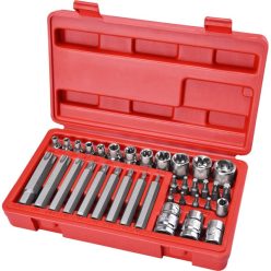   BIT és dugókulcs klt. 35 db TORX, 1/4"+8mm+10mm+12mm BIT-ek, 1/4"+3/8" dugófejek, adapterek C.V. acél, műanyag dobozban