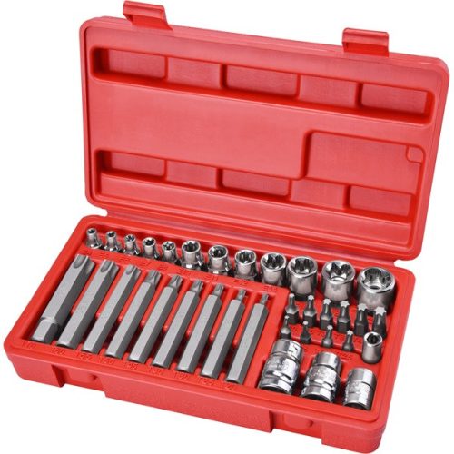 BIT és dugókulcs klt. 35 db TORX, 1/4"+8mm+10mm+12mm BIT-ek, 1/4"+3/8" dugófejek, adapterek C.V. acél, műanyag dobozban