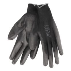   Kötött kesztyű fekete poliészter, méret: 10' poliuretánba mártott teny. és ujjhegy., gumírozott mandzsetta